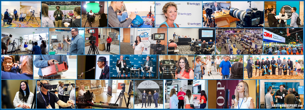 Collage of various interviews, corporate events, and shoots by orlando video production company lasting blueprint productions, in both indoor and outdoor settings.