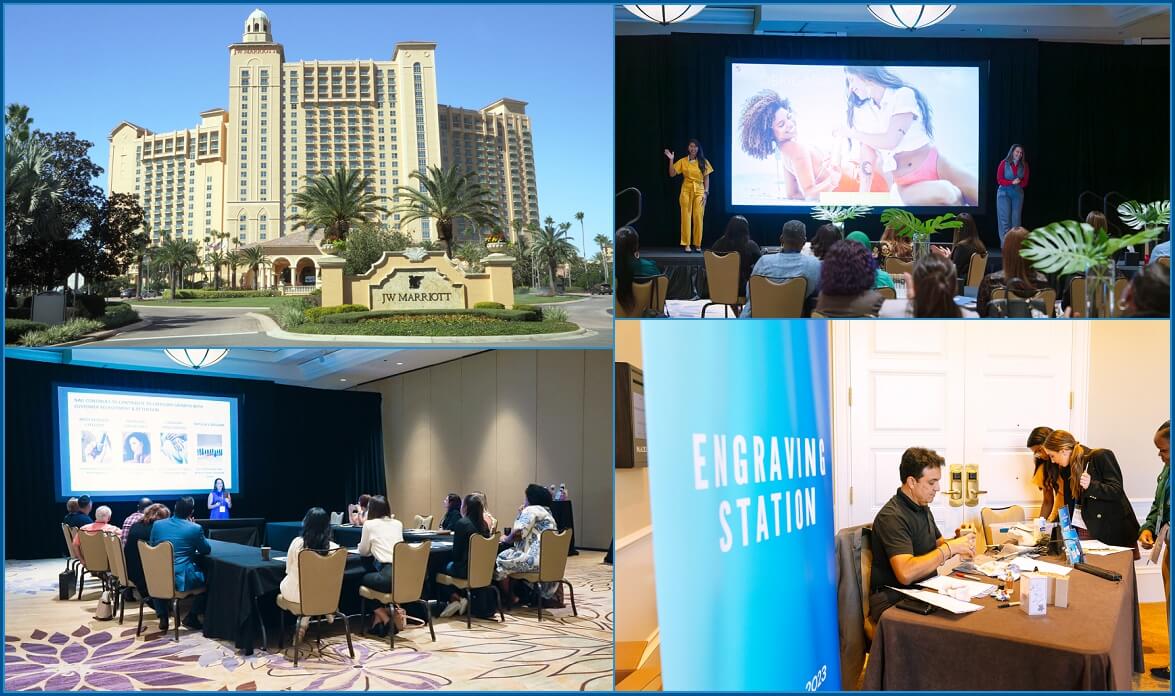 Collage of jw marriott orlando exterior, conference scenes, presentations, and an engraving station from a beauty advisor seminar.